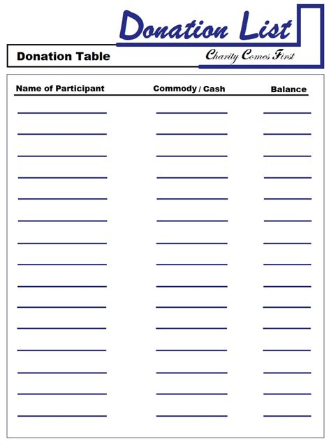printable donation list template.